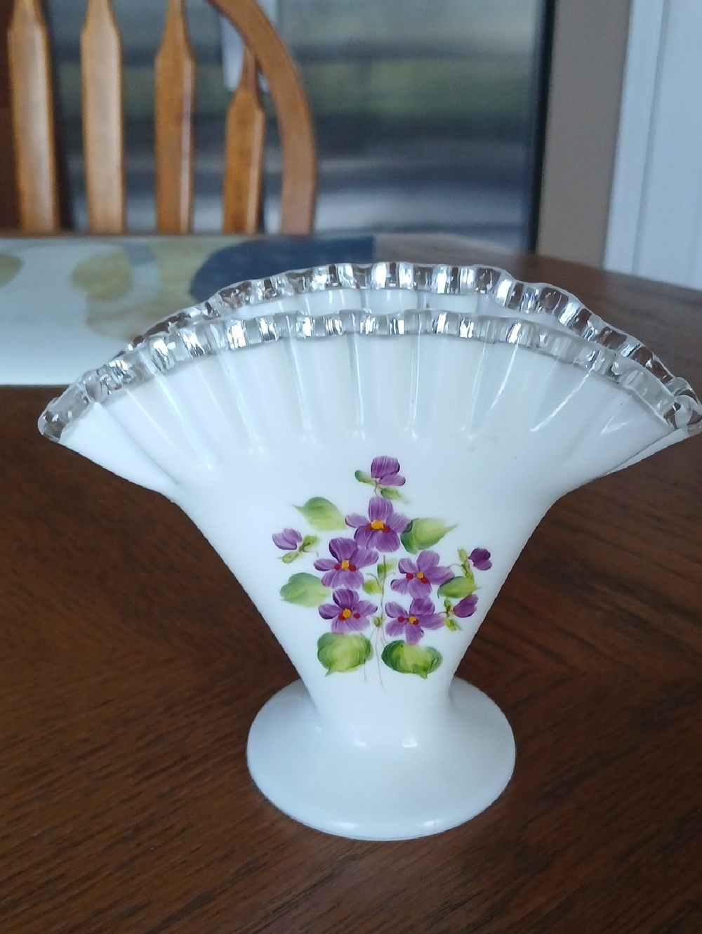 Fenton White Milk Glass Fan Vase with Handpainted Purple Floral Design